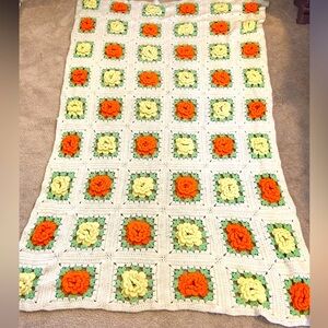 Vintage 60s Soft Acrylic Crocheted Floral Afghan Blanket